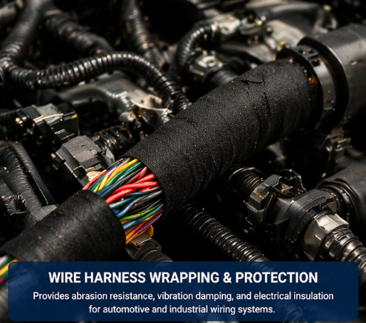 Fabric electrical tape wrapped around automotive wire harness for insulation and abrasion protection